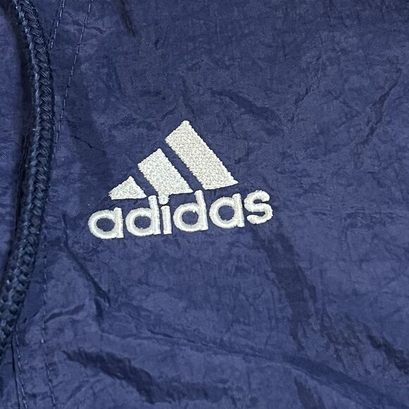 Vintage ADIDAS Pullover Men Anorak Jacket Windbreaker Navy Hood XL Stripes Lined - Picture 10 of 11